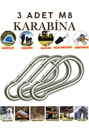 3 Adet 8 Mm Karabina Paslanmaz Çelik Karabina Kamp Ekipmanı Tırmanma Dağcılık Salıncak Hamak Askı