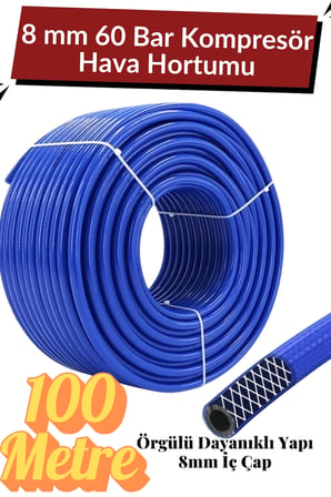 (100 METRE) Kompresör Hava Hortumu 8 mm Termo Hortum Mavi Thermo Hortum Basınca Dayanıklı Hortum