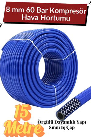 (15 METRE) Kompresör Hava Hortumu 8 mm Termo Hortum Mavi Thermo Hortum Basınca Dayanıklı Hortum