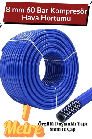 (1 METRE) Kompresör Hava Hortumu 8 mm Termo Hortum Mavi Thermo Hortum Basınca Dayanıklı Hortum