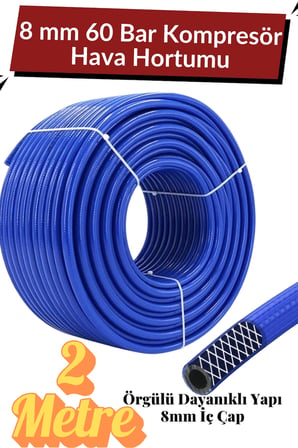 (2 METRE) Kompresör Hava Hortumu 8 mm Termo Hortum Mavi Thermo Hortum Basınca Dayanıklı Hortum