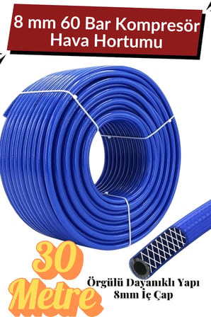 (30 METRE) Kompresör Hava Hortumu 8 mm Termo Hortum Mavi Thermo Hortum Basınca Dayanıklı Hortum
