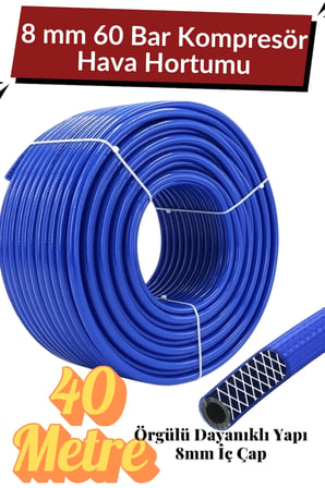 (40 METRE) Kompresör Hava Hortumu 8 mm Termo Hortum Mavi Thermo Hortum Basınca Dayanıklı Hortum