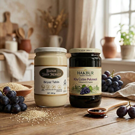 Bozkır Tahin Merkezi Enfes İkili Beyaz Tahin 600 gr - Köy Üzüm Pekmezi 800 gr (doğal&katkısız)