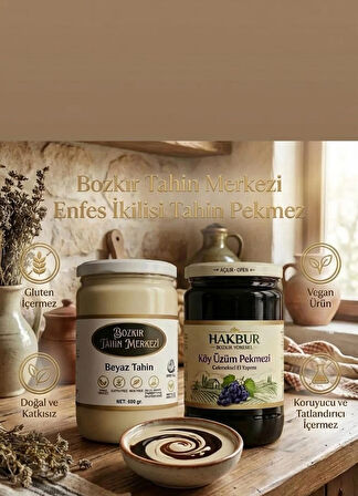 Bozkır Tahin Merkezi Enfes İkili Beyaz Tahin 600 gr - Köy Üzüm Pekmezi 800 gr (doğal&katkısız)