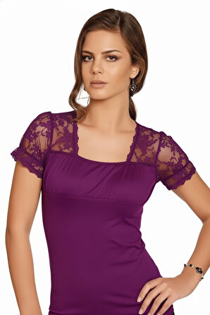 Berrak Kadın için Omuzları Dantelli Transparan Kısa Kollu T-Shirt 2184