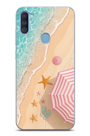 Samsung Galaxy A11-M11 Uyumlu Pembe Şemsiyeli Sahil Baskılı Silikon Kılıf