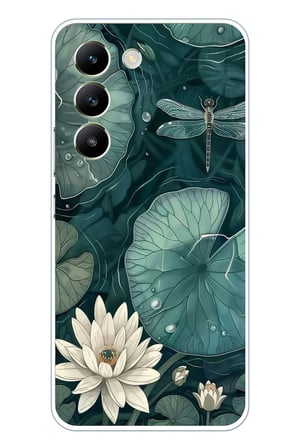 Vivo V30 Lite Uyumlu Yeşil Yapraklı Nilüfer ve Yusufçuk Baskılı Silikon Kılıf