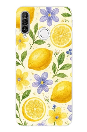 Huawei P30 Lite Uyumlu Sulu Boya Limon ve Çiçek Desenli Baskılı Silikon Kılıf