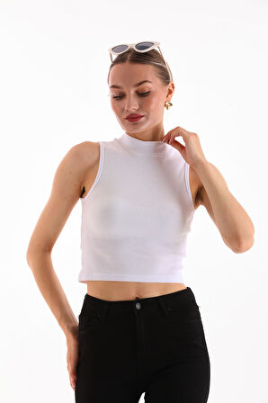 KADIN LİKRALI KOLSUZ CROP BLUZ