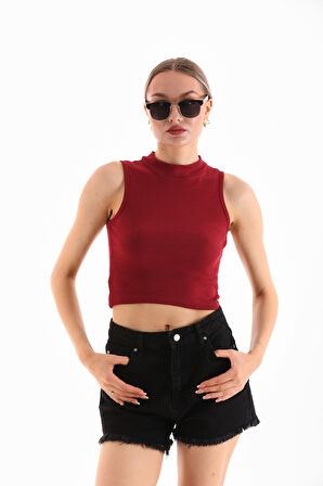 KADIN LİKRALI KOLSUZ CROP BLUZ