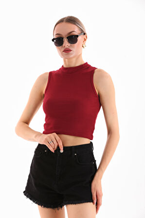 KADIN LİKRALI KOLSUZ CROP BLUZ