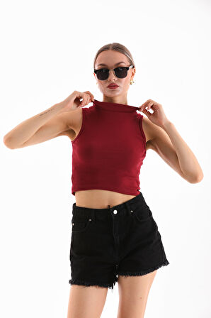 KADIN LİKRALI KOLSUZ CROP BLUZ