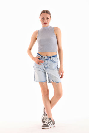KADIN LİKRALI KOLSUZ CROP BLUZ
