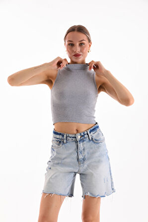 KADIN LİKRALI KOLSUZ CROP BLUZ