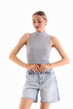 KADIN LİKRALI KOLSUZ CROP BLUZ