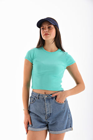 KADIN LİKRALI KISA KOL CROP BLUZ