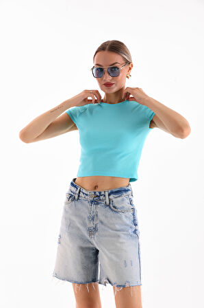 KADIN LİKRALI KISA KOL CROP BLUZ