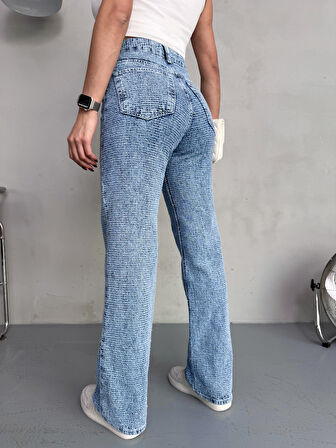 Kadın Punch Tasarım Wide Leg Jean Pantolon
