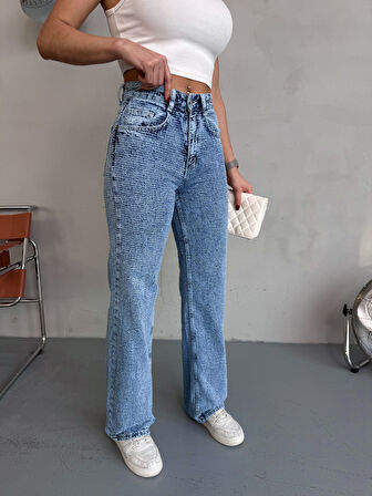 Kadın Punch Tasarım Wide Leg Jean Pantolon