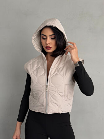 Kadın Cepli Kapitone Kapüşonlu Crop Yelek
