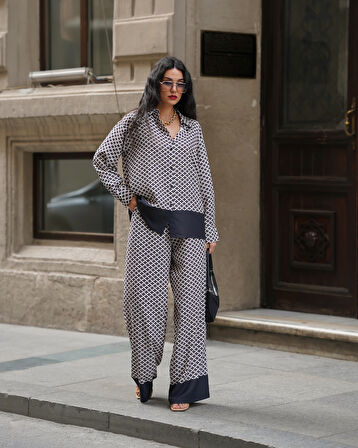 Kadın Oversize Multi Desenli Saten Takım