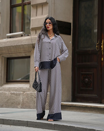 Kadın Oversize Multi Desenli Saten Takım