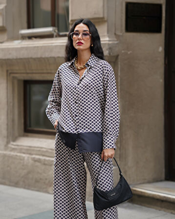 Kadın Oversize Multi Desenli Saten Takım