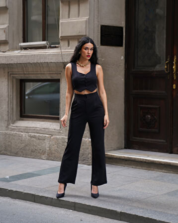 Kadın Crep V Yaka Yelek ve Pantolon Takım