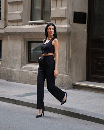 Kadın Crep V Yaka Yelek ve Pantolon Takım