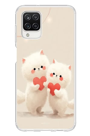 Samsung Galaxy A12 Uyumlu Kalpli Beyaz Kediler Baskılı Silikon Kılıf