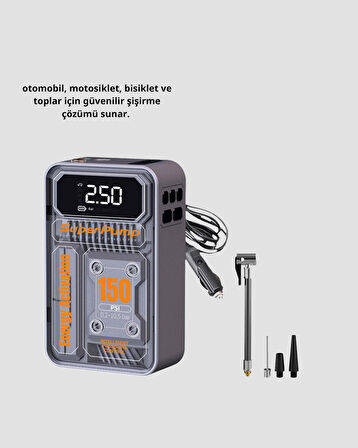 Şarjlı Kablosuz Hava Pompası – 150 PSI Basınç, LED Ekran ve 6000mAh Batarya