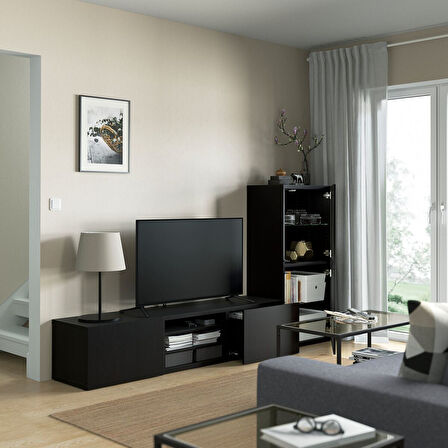 Tv ünitesi, venge-siyah-kahverengi-şeffaf cam, 240x42x129 cm, LAPPVIKEN/SINDVIK, fren raylı
