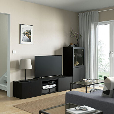 Tv ünitesi, venge-siyah-kahverengi-şeffaf cam, 240x42x129 cm, LAPPVIKEN/SINDVIK, fren raylı