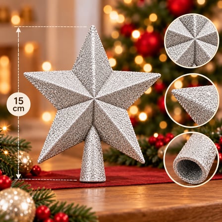 BakGelAl Lüks Yılbaşı Çam Ağacı Tepeliği - 15x15 cm Işıltılı Simli Gümüş (Silver) Yıldız Ağaç Süsü