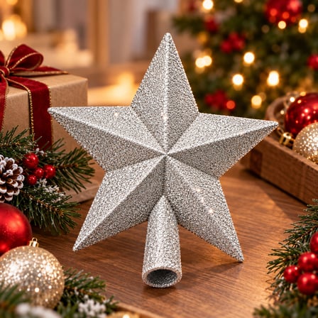 BakGelAl Lüks Yılbaşı Çam Ağacı Tepeliği - 15x15 cm Işıltılı Simli Gümüş (Silver) Yıldız Ağaç Süsü