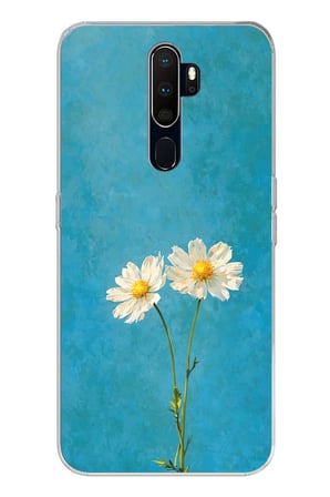 Oppo A5/A9 2020 Uyumlu İki Beyaz Çiçek Tasarımlı Turkuaz Baskılı Silikon Kılıf