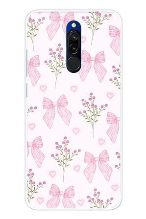 Redmi 8 Uyumlu Pembe Çiçek ve Fiyonklar Baskılı Silikon Kılıf
