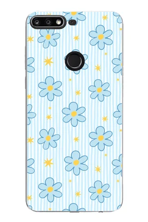 Huawei Y7 2018 - Honor 7C Uyumlu Mavi Çizgili ve Sarı Papatya Baskılı Silikon Kılıf