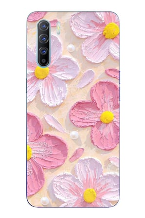 Oppo Reno 3-A91 Uyumlu Pembe Beyaz Çiçekler Sulu Boya Baskılı Silikon Kılıf