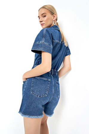 Kadın Kot Mavi Renk Beli Lastikli %100 Koton Denim Şort Tulum