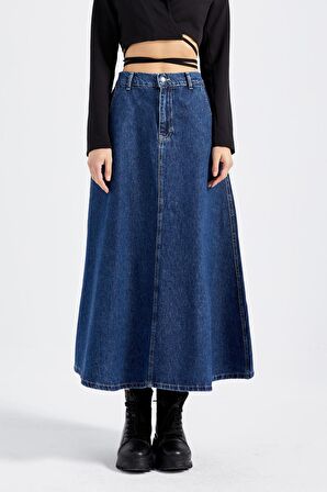Kadın Mavi Black Od Renk A Tipi Kesim Denim Etek