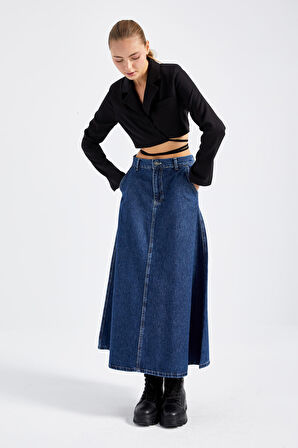 Kadın Mavi Black Od Renk A Tipi Kesim Denim Etek