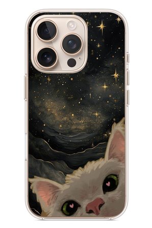 İphone 16 Pro Uyumlu Siyah Gökyüzülü Kedi Baskılı Silikon Kılıf