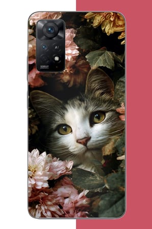 Redmi Note 11E Uyumlu çiçeklere gizlenen kedi Baskılı Silikon Kılıf