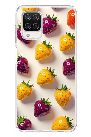 Samsung Galaxy A12 Uyumlu Sarı Kırmızı Çilekler Baskılı Silikon Kılıf