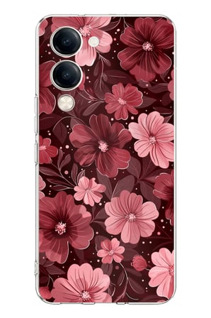 Vivo Y04 Uyumlu Pembe ve Bordo Çiçek Desenli Baskılı Silikon Kılıf
