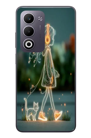 Oppo A5 4G Uyumlu Kedili Neon Kız Baskılı Silikon Kılıf