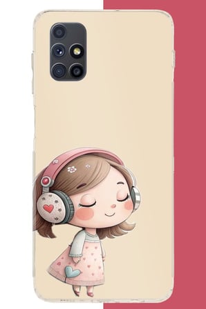 Samsung Galaxy M51 Uyumlu pembe kulaklıklı kız.jpeg Baskılı Silikon Kılıf