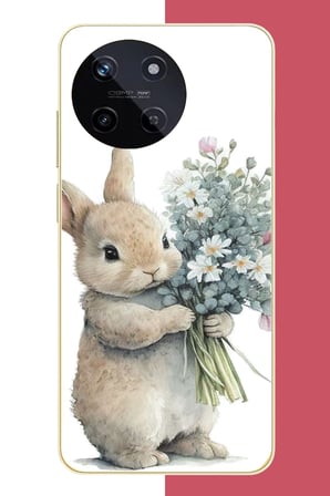 Realme 11 4G Uyumlu çiçek tutan tavşan.jpeg Baskılı Silikon Kılıf